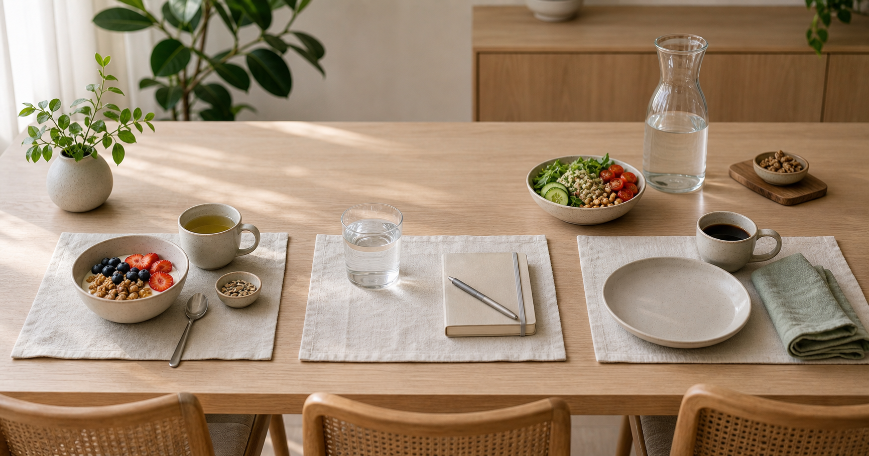 Three place settings along a light wooden table suggesting earlier breakfast, a lighter middle routine, and a later first meal with coffee and lunch.
