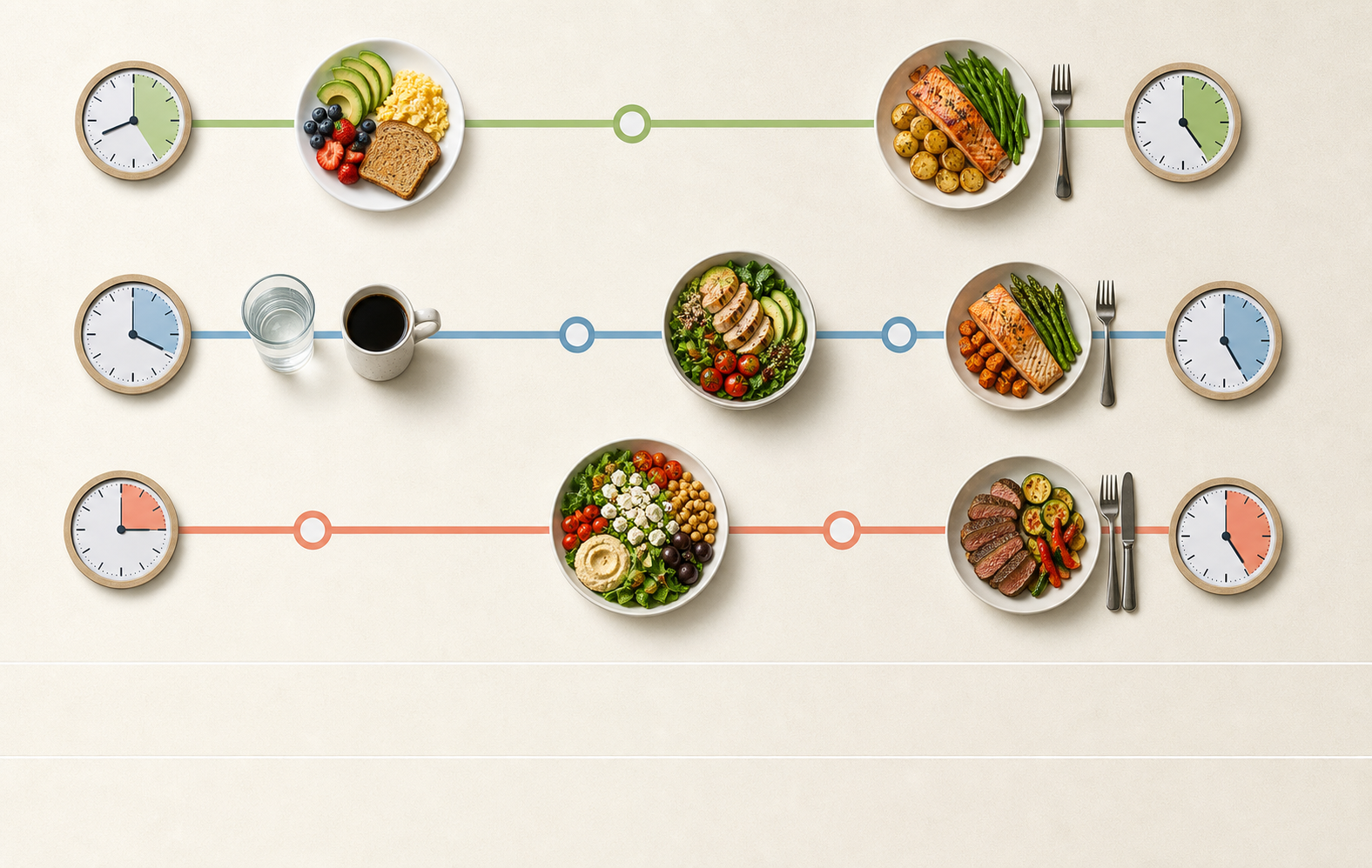 Three horizontal meal-timing lanes with clocks, drinks, and meals showing different fasting-window rhythms.
