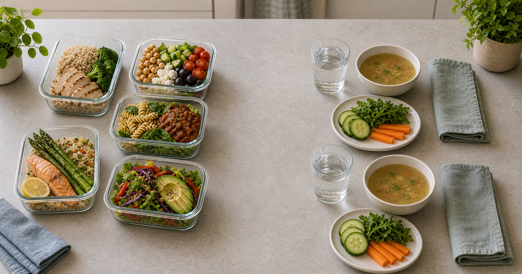 Two distinct weekly meal setups on a kitchen island, one sparse and one routine-based, suggesting different fasting methods.