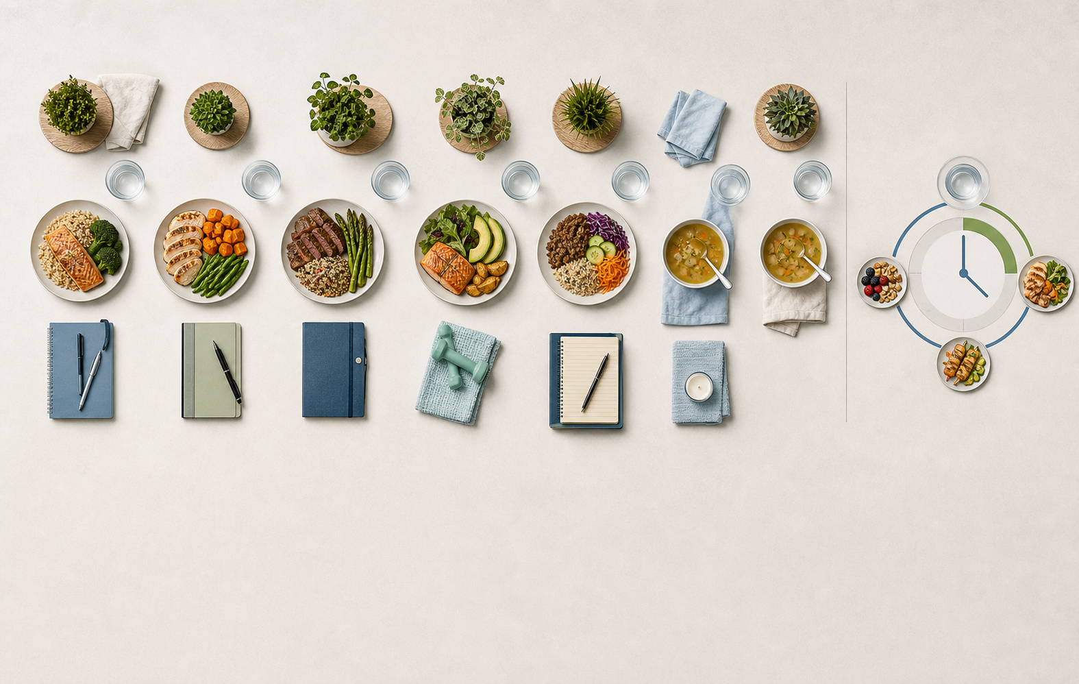 An organized weekly meal-planning layout with repeated meal bowls, water, and planning objects for comparing fasting rhythms.