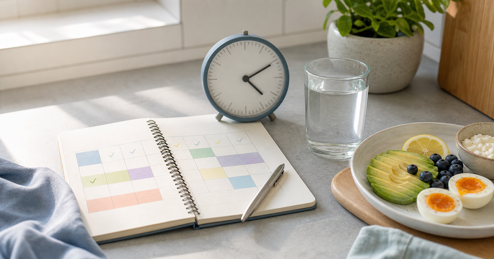An open weekly planner beside a blue clock, glass of water, and simple breakfast plate on a sunlit kitchen counter.