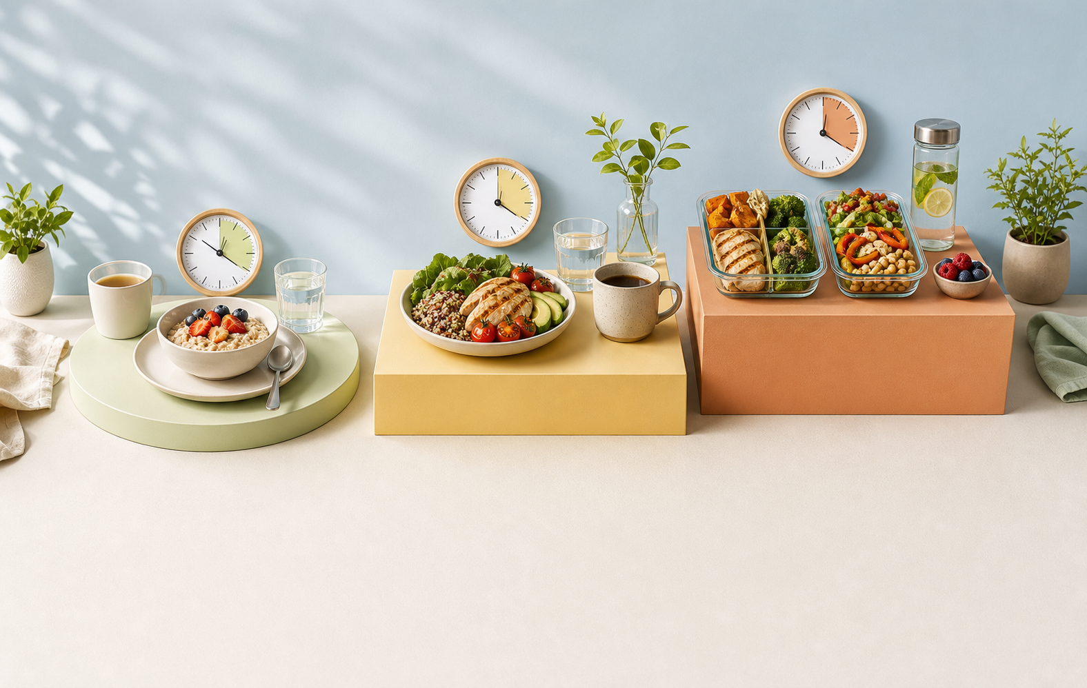 A bright morning setup with clocks and breakfast objects arranged as a gentle progression toward later first meals.