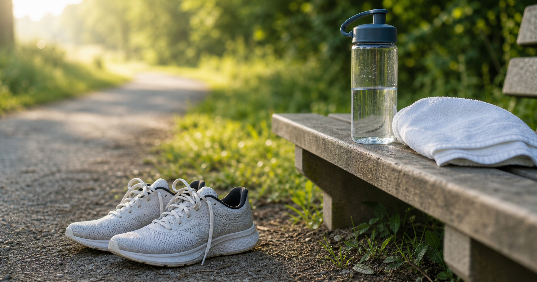 Running shoes, a towel, and a water bottle on a bench near a sunlit trail.
