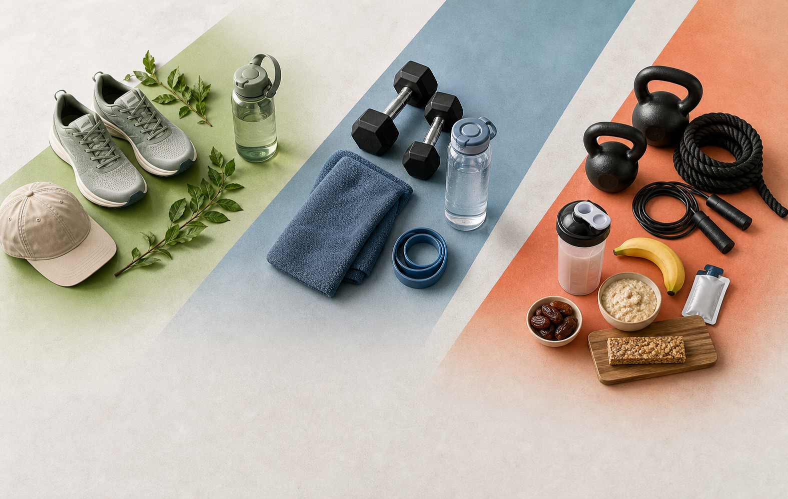Workout gear, water, and small fuel options arranged in separate intensity zones for fasted exercise decisions.