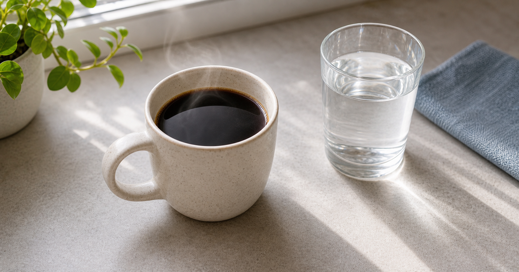 A black coffee in a ceramic mug beside a glass of water on a bright kitchen counter.
