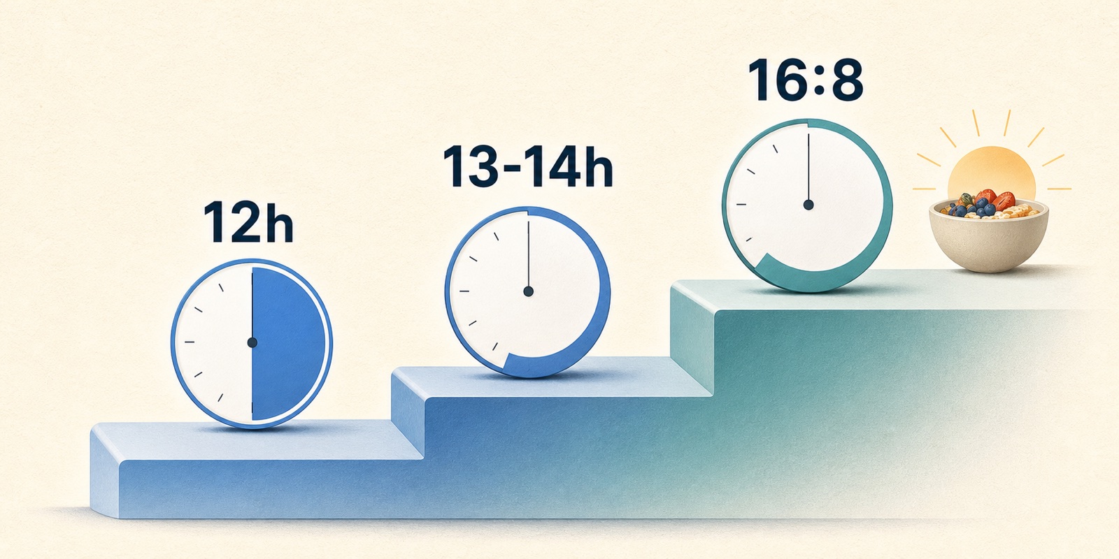 Three ascending fasting-window steps showing 12 hours, 13 to 14 hours, and 16:8 as a gradual beginner progression.