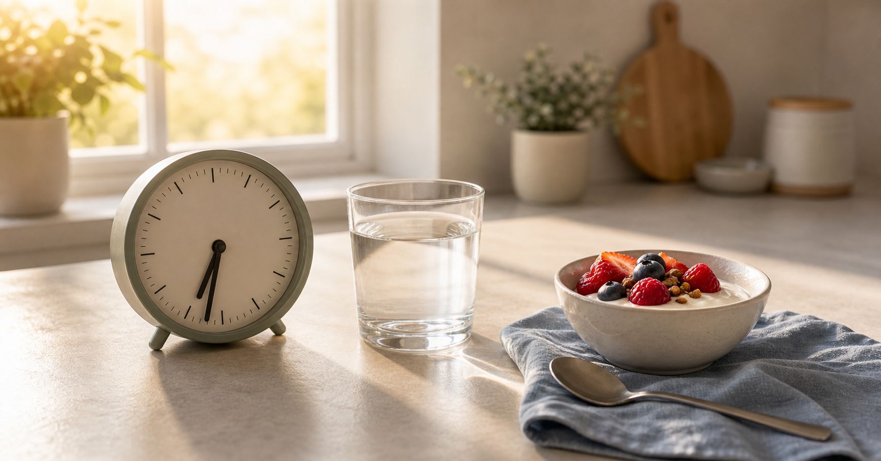 A minimalist analog clock, glass of water, and simple breakfast bowl on a sunrise kitchen counter.