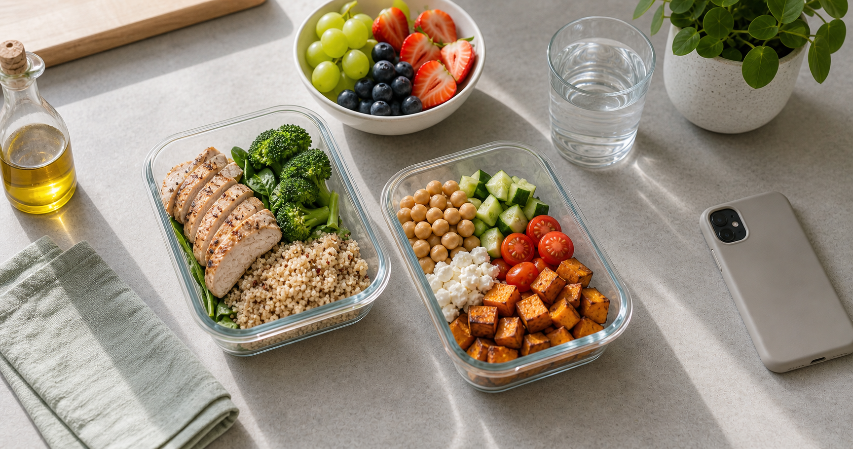 Two simple prepared meals with whole foods, a glass of water, fruit, and a face-down phone on a bright kitchen counter.