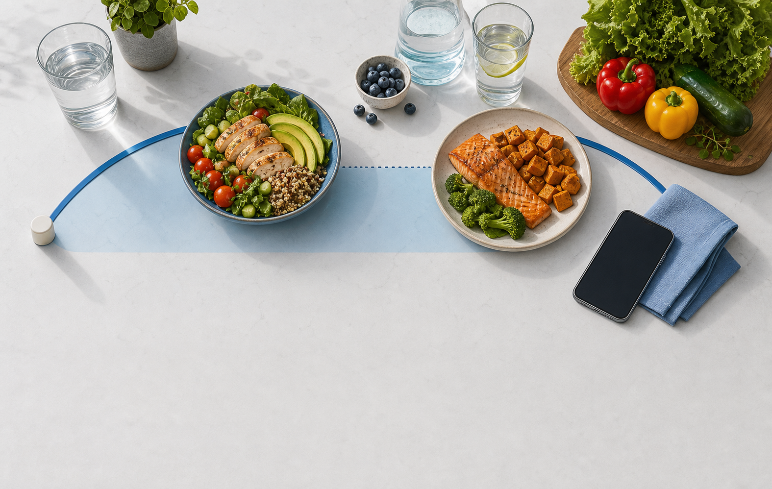Two complete meals, water, produce, and a blank phone arranged as a simple no-calorie-counting fasting system.