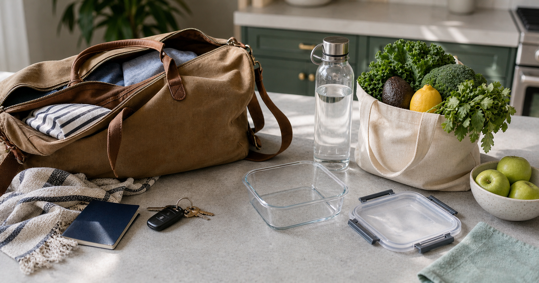A travel bag being unpacked beside a water bottle and simple groceries on a kitchen bench.