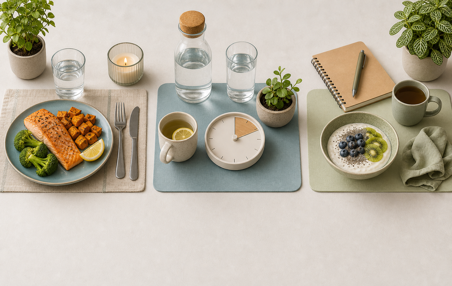 Three calm restart stations with normal meals, water, and planning objects arranged for a short reset sequence.