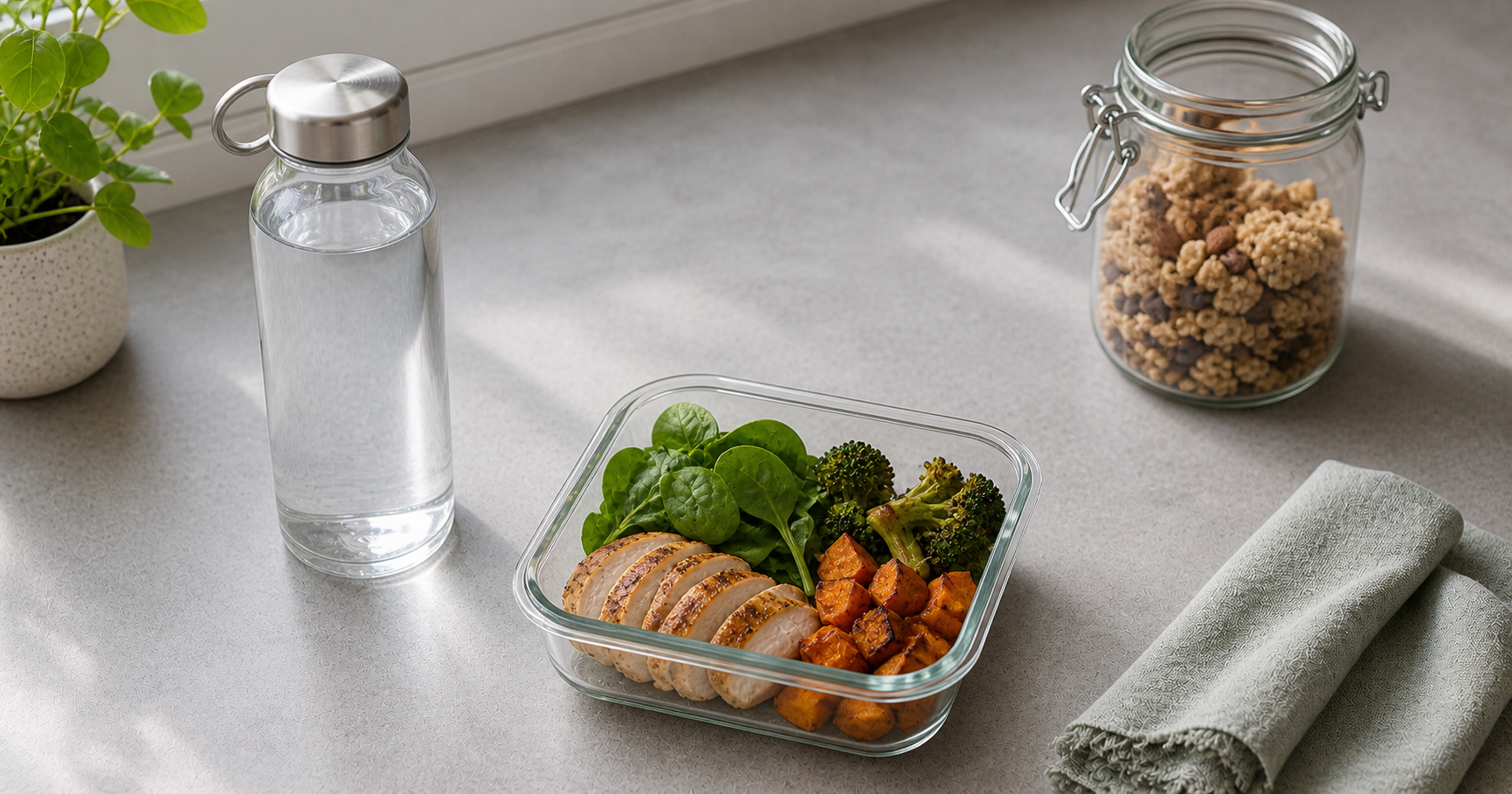 A calm kitchen counter with a water bottle, closed snack jar, and prepared meal container in soft daylight.