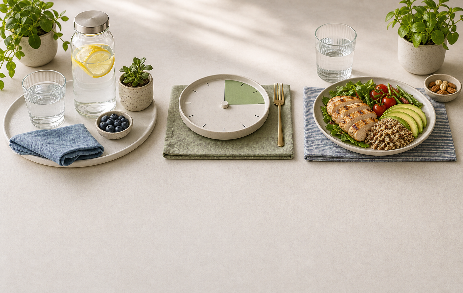 A calm troubleshooting setup with water, a clock, and a complete meal arranged as practical fasting-pressure cues.
