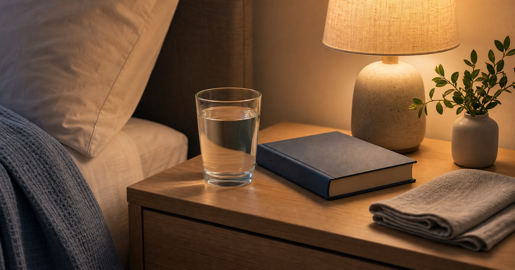 A calm bedroom nightstand with a glass of water, closed book, and soft evening light.