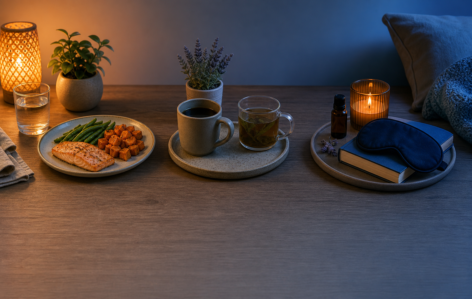 A dim evening routine scene with a meal, tea, water, a lamp, and a book arranged for sleep-friendly fasting choices.