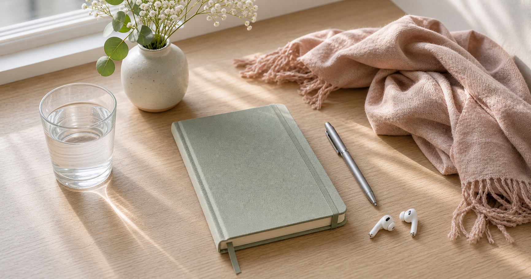 A bright desk with a closed wellness journal, water glass, pen, folded scarf, and small vase in soft daylight.