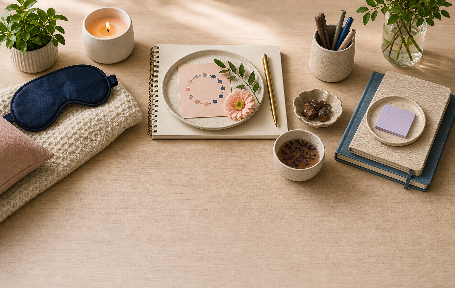 A warm check-in desk with sleep, recovery, and journaling objects arranged without body-focused imagery.