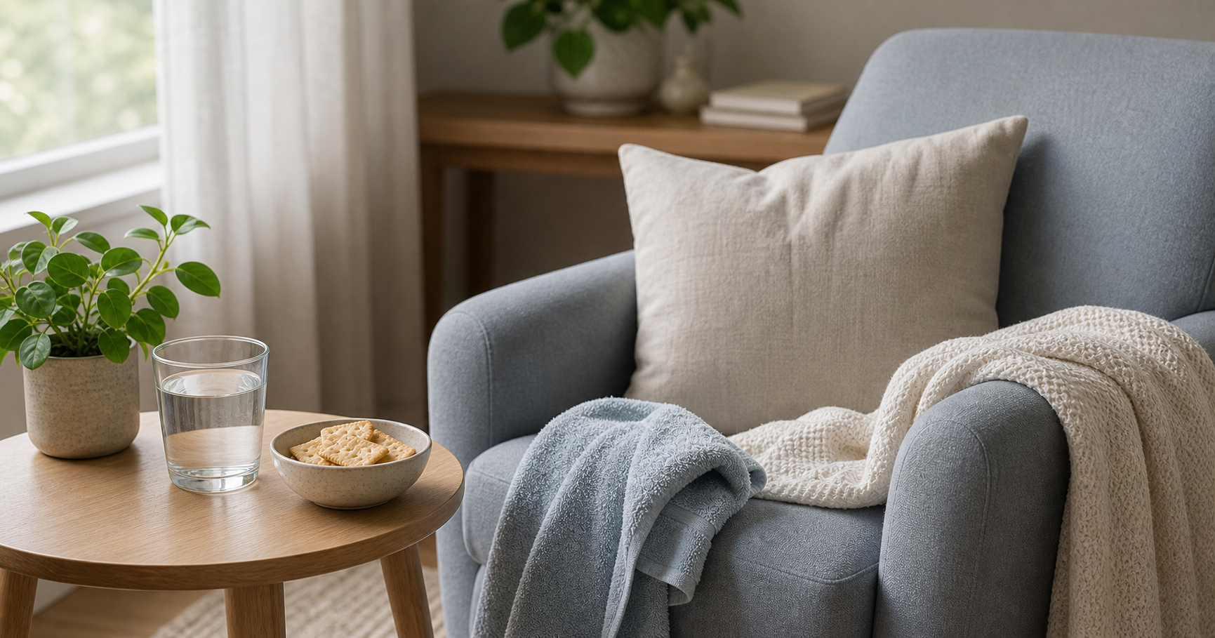 A quiet chair beside a water glass and folded towel in soft window light, suggesting a pause.