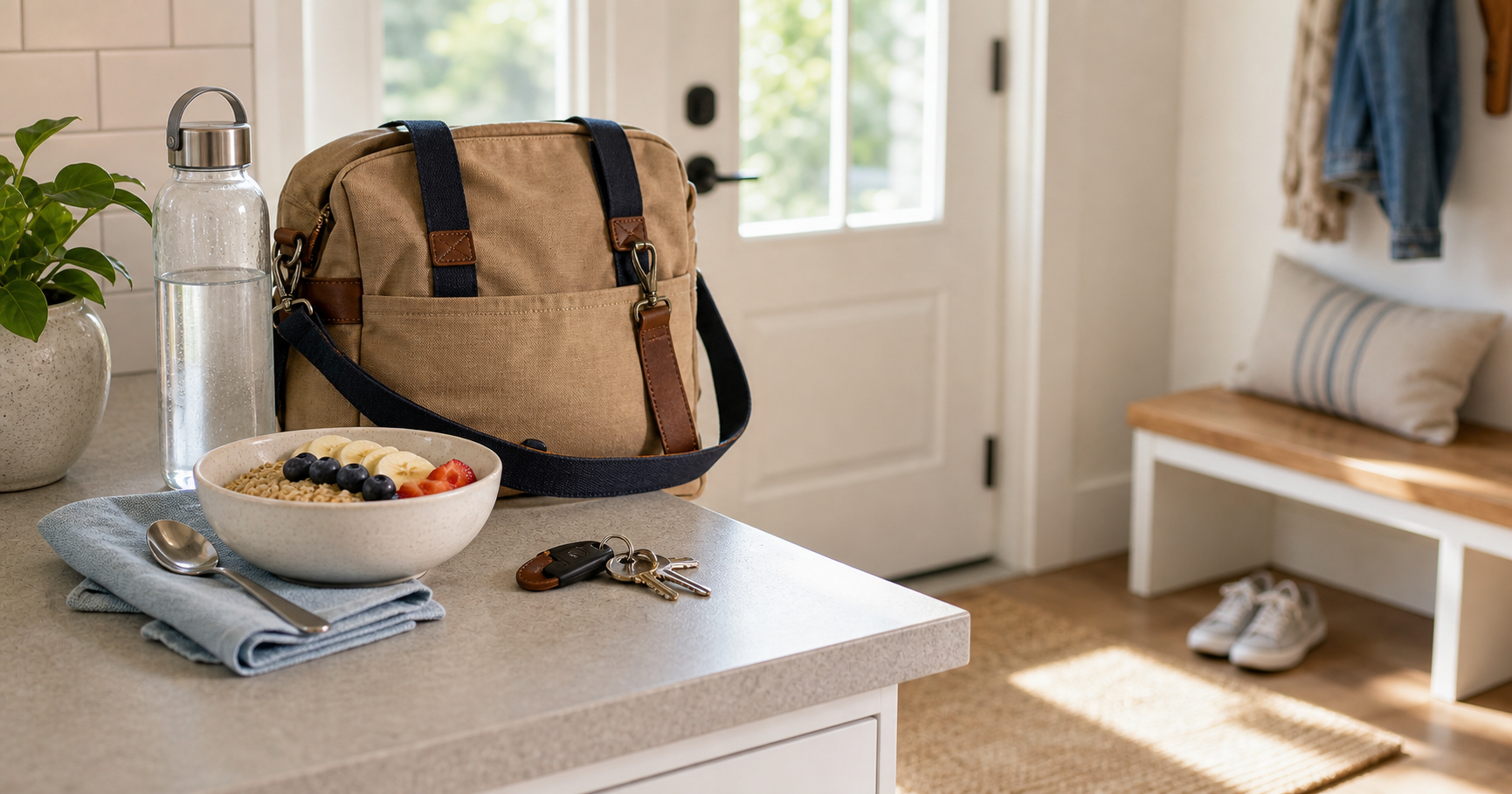 A breakfast setting left untouched beside a packed bag and water bottle in morning light.