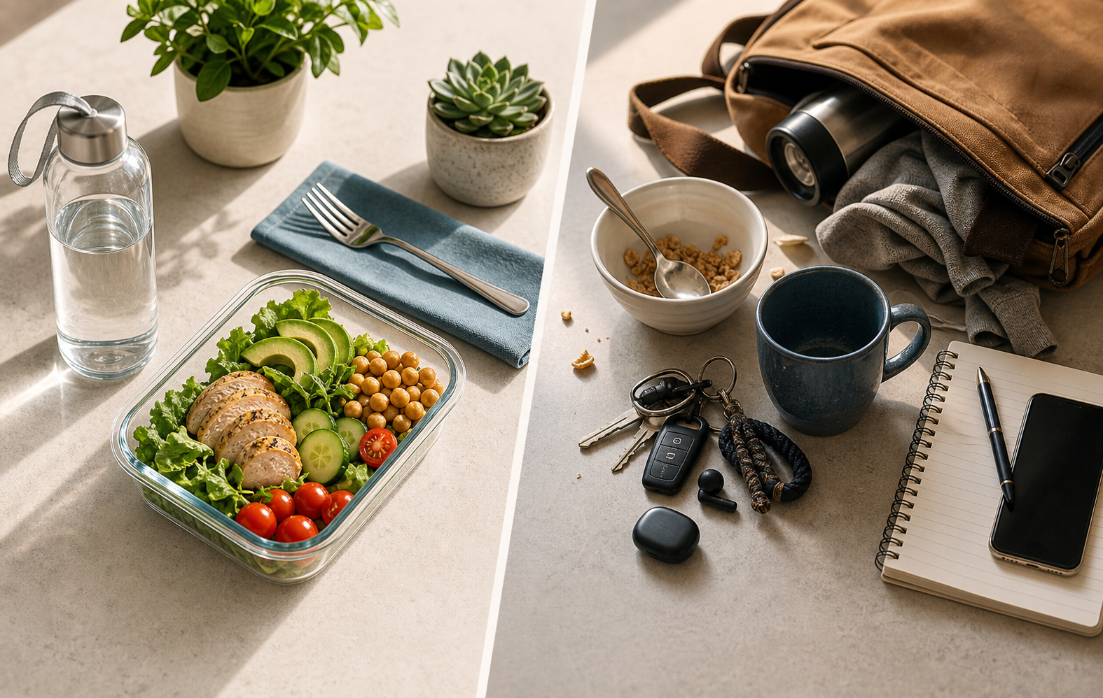 A split morning setup contrasting a prepared later meal with rushed keys, bag, coffee, and a blank phone.