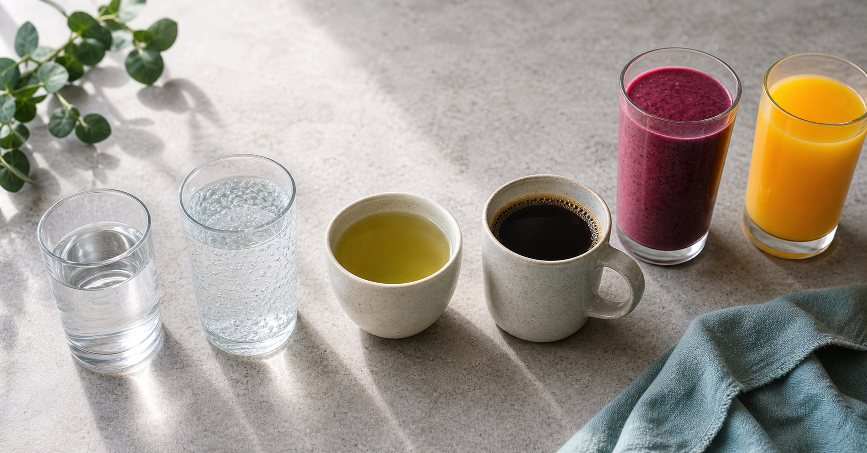 A lineup of drinks on a stone surface including water, sparkling water, plain tea, black coffee, a smoothie, and orange juice.