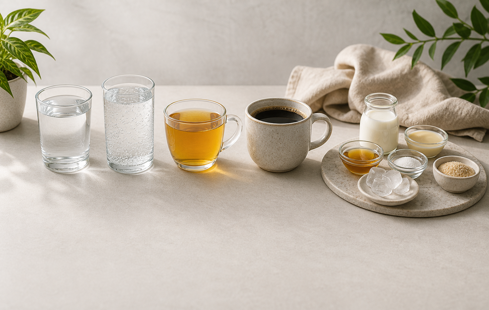 A clean drink lineup with water, tea, black coffee, and add-ins separated for fasting decisions.