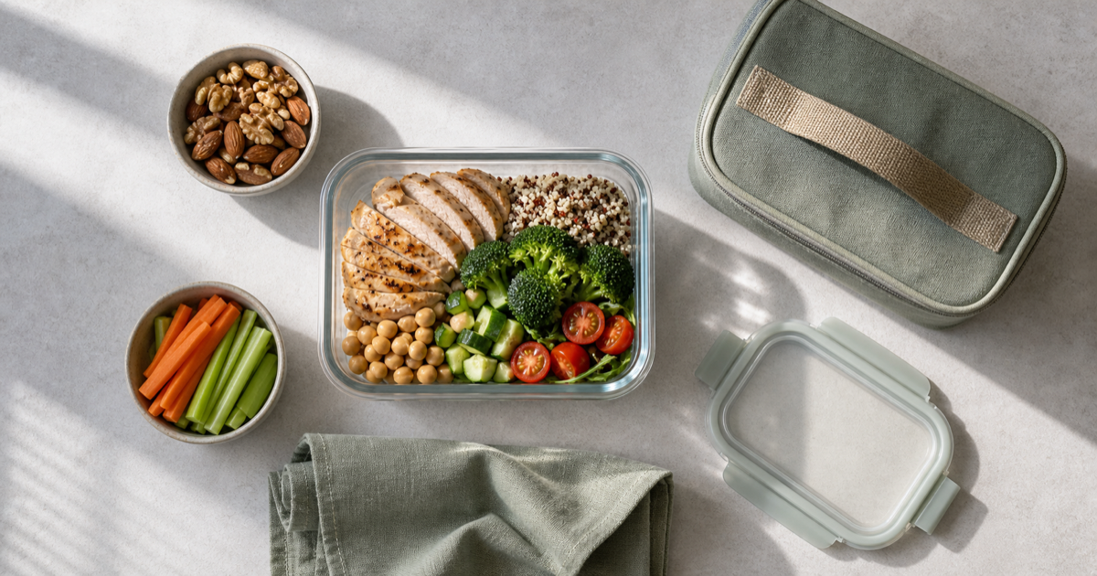 A top-down meal-prep scene with a prepared lunch container, water bottle, blank notebook, and analog clock on a pale surface.