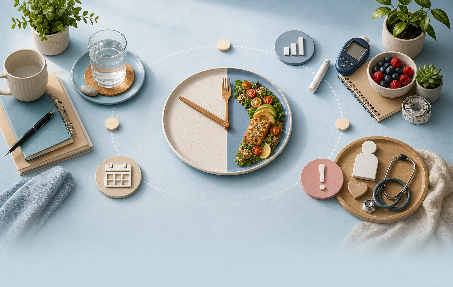 A structured fasting explainer scene with a plate, meal cues, health-context objects, and routine-planning props.
