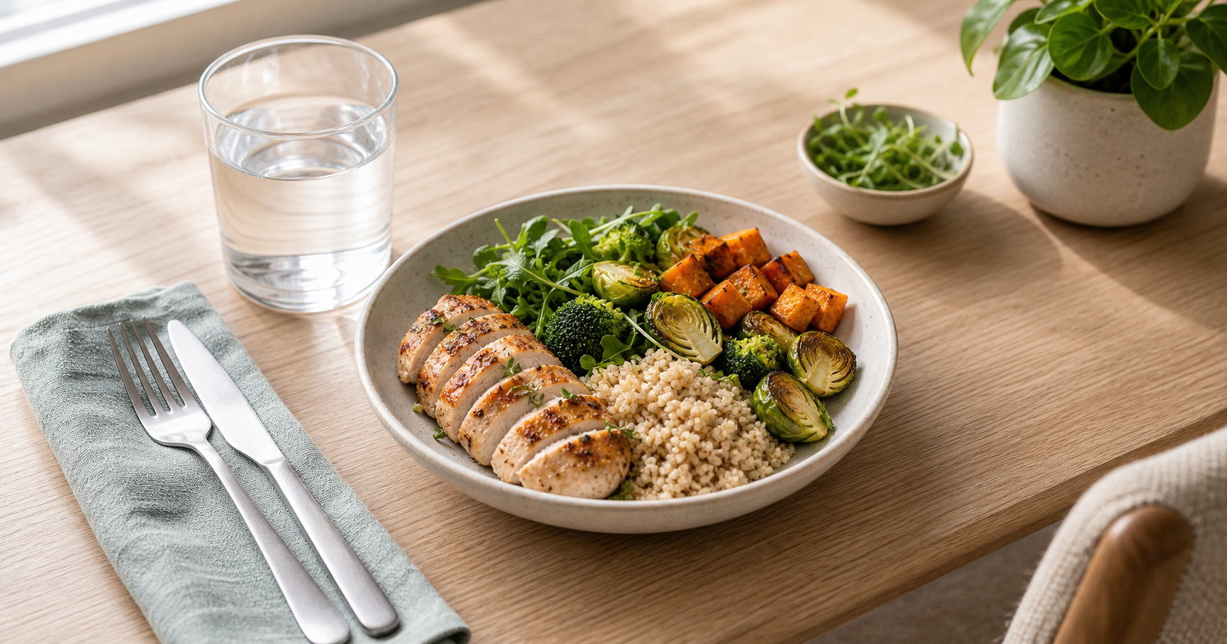 A balanced post-fast meal with protein, vegetables, grains, and water on a wooden table.