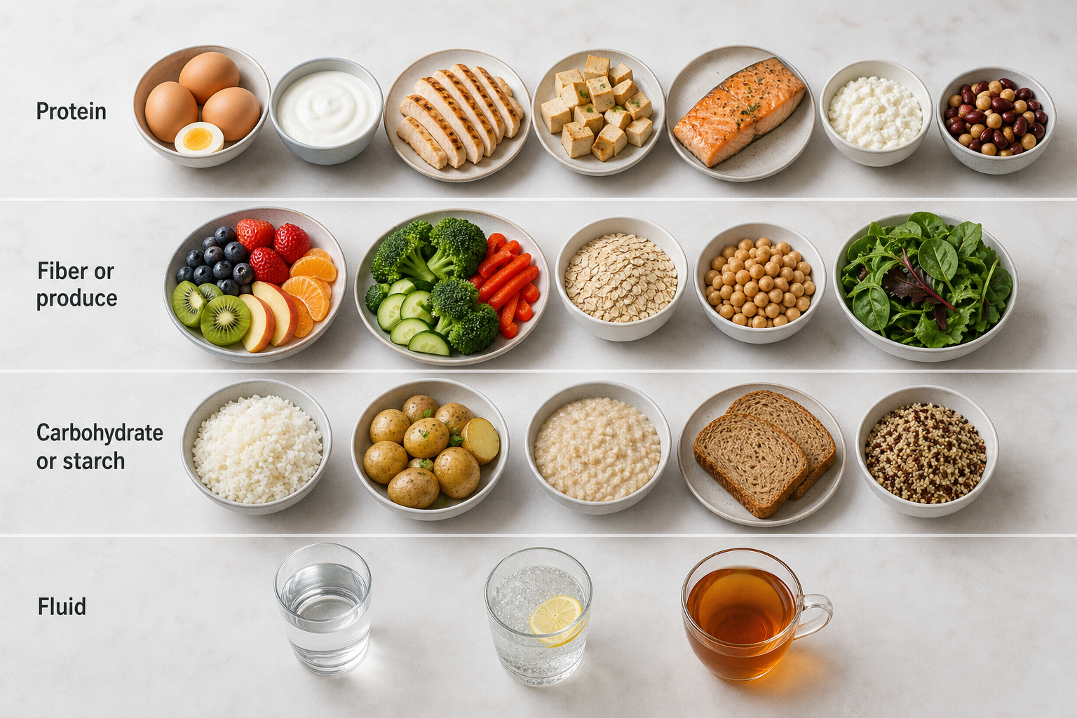 A realistic four-lane food graphic with protein, produce, starch, and fluid examples for building a first meal after fasting.