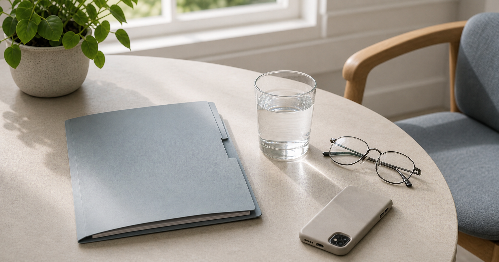 A pale table with a closed folder, reading glasses, face-down phone, and water glass in bright daylight.