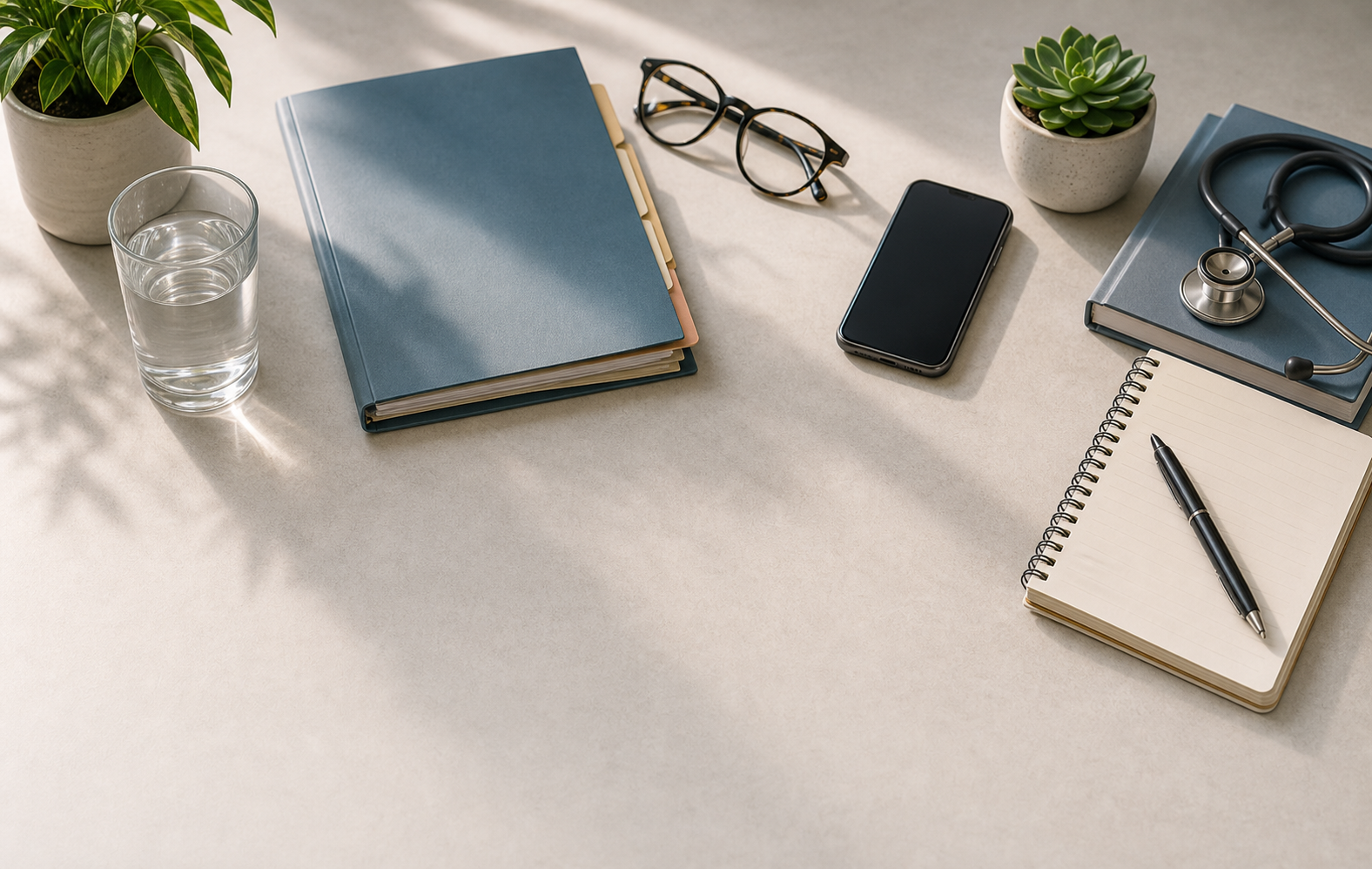 A neutral clinician-first desk scene with a closed folder, water, glasses, stethoscope, and a blank phone.